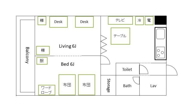 部屋の簡単な間取り図と、主な家具・家電の配置
