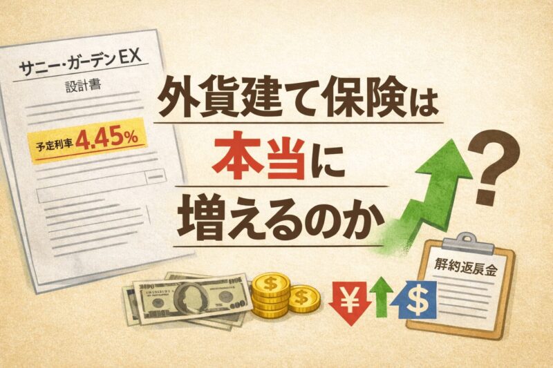 外貨建て保険サニーガーデンEXの予定利率や解約返戻金を検証する記事のアイキャッチ画像