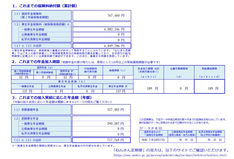ねんきん定期便に記載された老齢厚生年金の見込み額の例