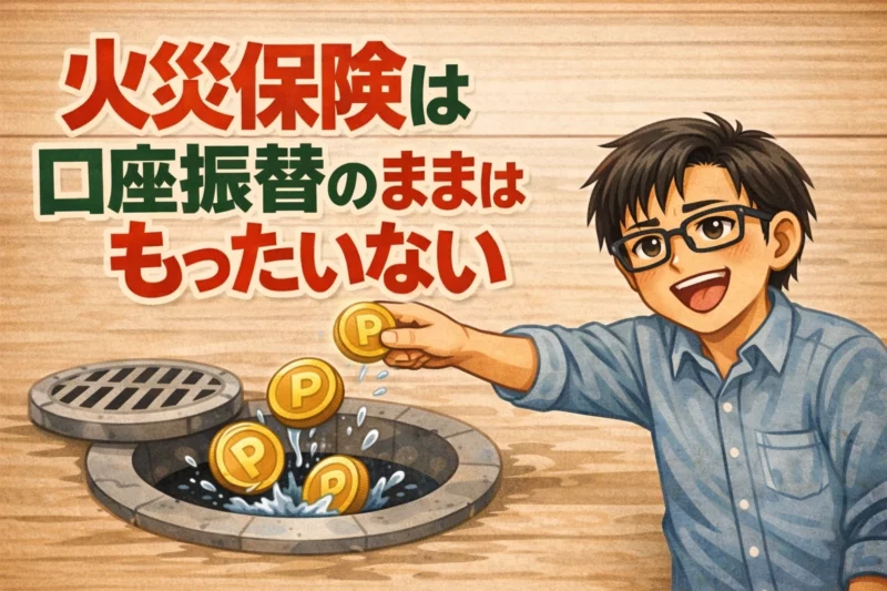 火災保険を口座振替のままはもったいないというタイトルと、ドブにポイント硬貨を投げ捨てる男性の画像