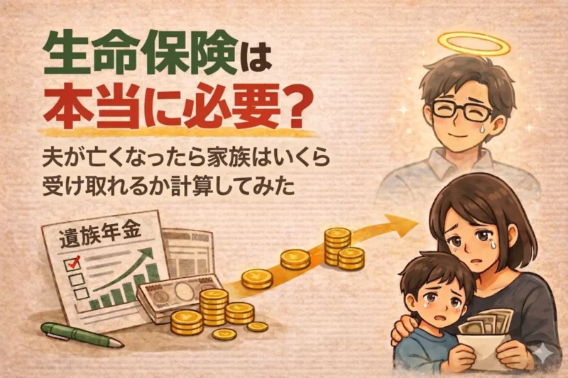 生命保険は本当に必要かを解説するアイキャッチ画像。亡くなった35歳くらいの眼鏡の男性から，残された妻と子どもにお金が流れていく構図で，遺族年金や受け取れるお金を考える内容を表している。