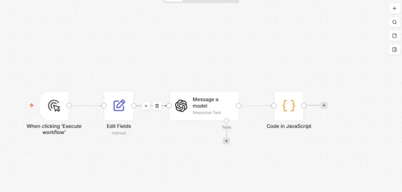 OpenAIノードにCode in JavaScriptノードを追加したn8nワークフロー