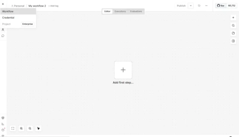 n8nで新しいワークフローを作成した直後の空のキャンバス