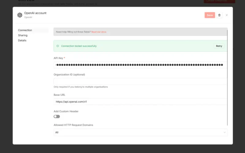 n8nでOpenAI APIキーを登録し接続に成功した画面