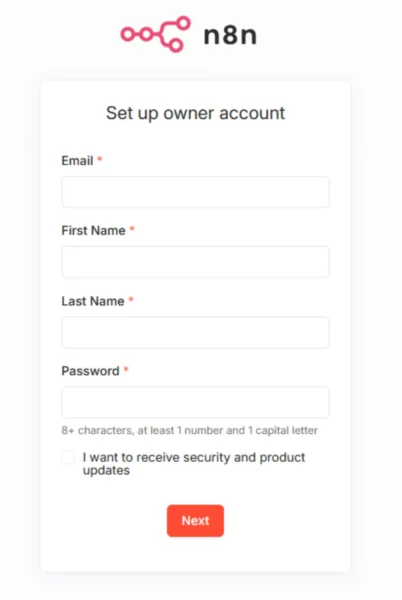 n8nの初回セットアップでオーナーアカウントを作成する画面
