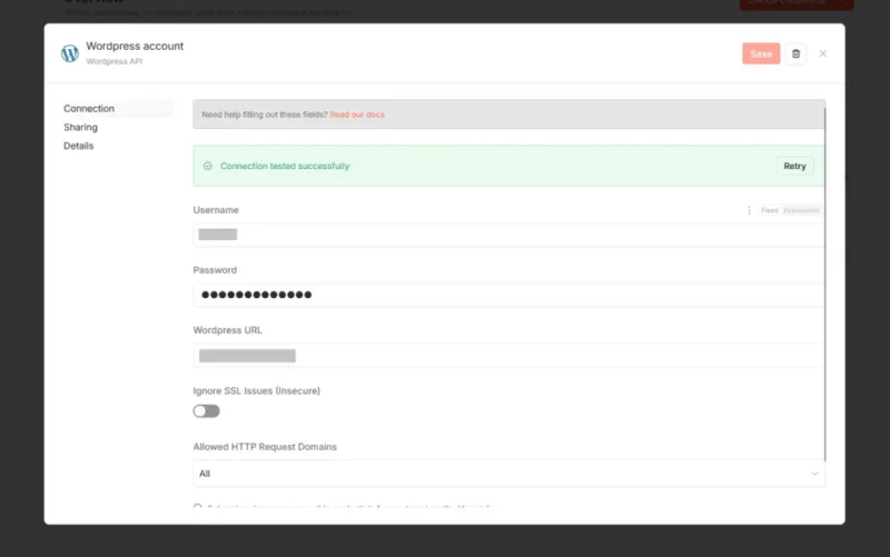 n8nでWordPressのURL、ユーザー名、アプリケーションパスワードを登録し接続に成功した画面