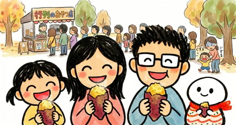 子連れ外出で焼き芋を食べる家族と，背景のおやつ売店の行列