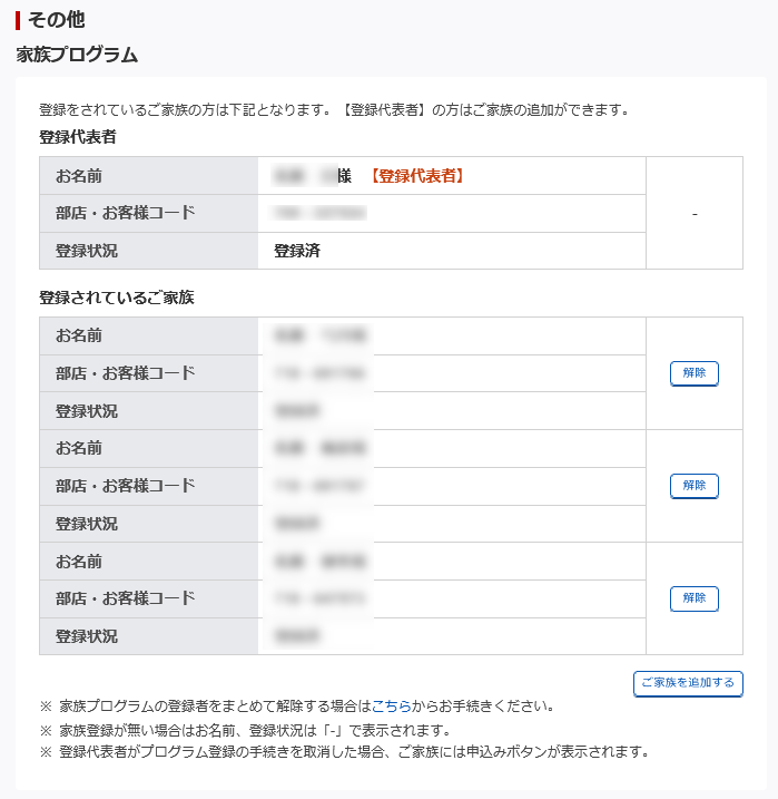 家族プログラムの登録状況の画面