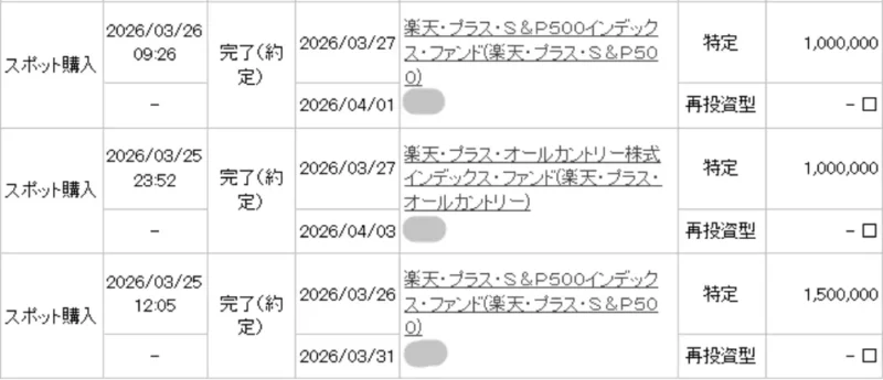 2026年3月下旬に外貨建て保険の解約資金で投資信託をスポット購入した履歴のスクリーンショット