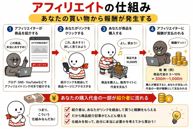 アフィリエイトリンク経由で商品を購入すると紹介者に報酬が発生する仕組みの図解