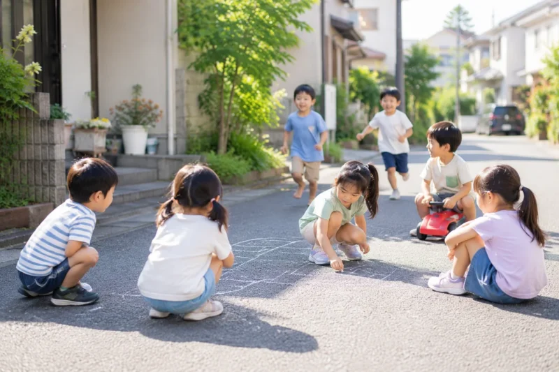 住宅地の路上で子どもたちがチョークで絵を描いたり走ったりして遊んでいる様子