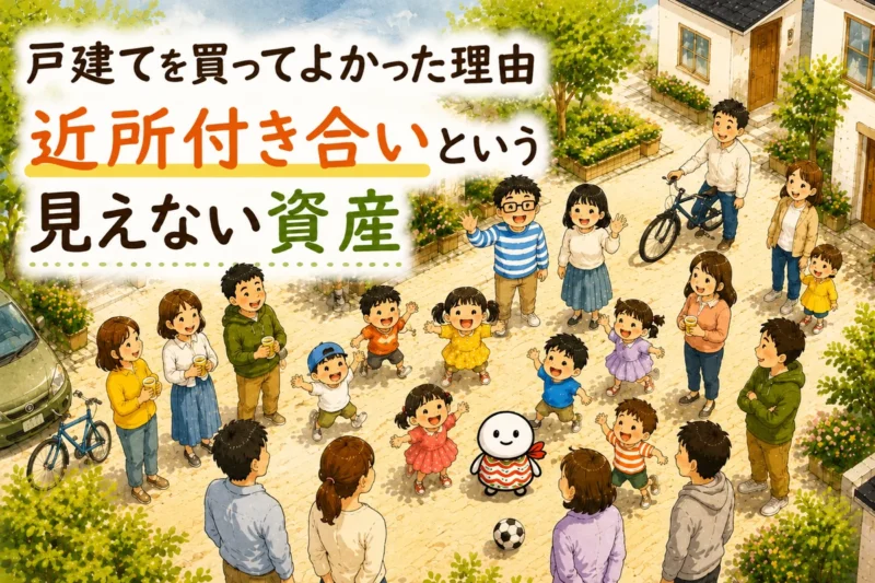 分譲地の家の前で子どもたちがサッカーをして遊び、周囲で親たちが見守っているイラスト