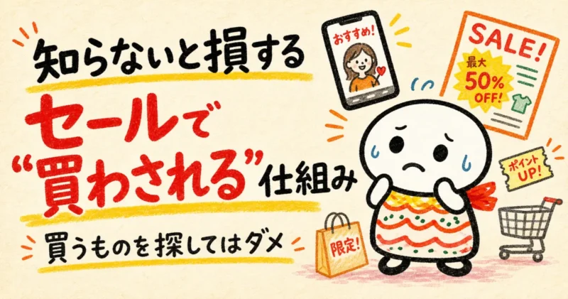 セールの広告やSNS投稿に囲まれて、購買欲を刺激されながら混乱している白い手描きキャラクター