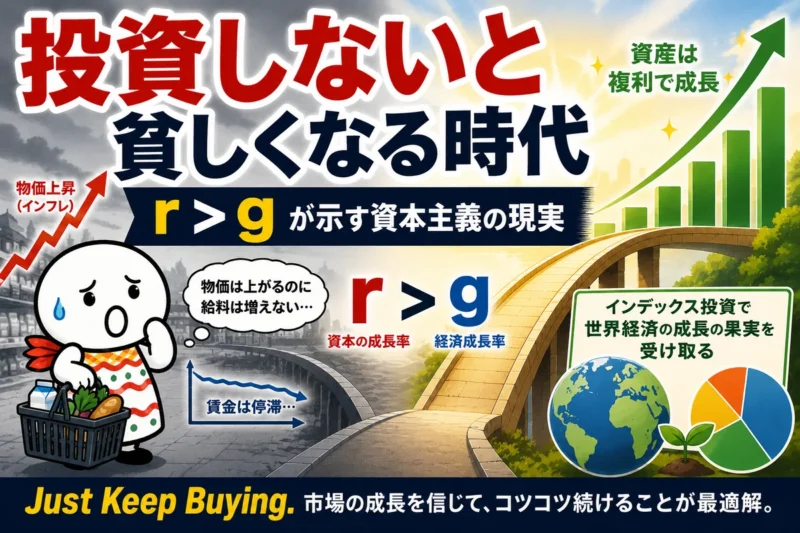 物価上昇と賃金停滞の中で、r > g による資本主義の構造とインデックス投資の重要性を表現したアイキャッチ画像