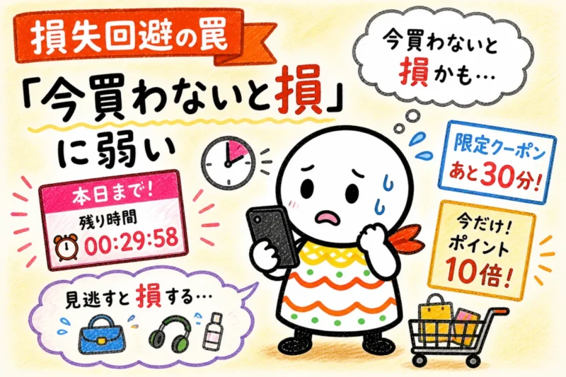 本日までのセールや限定クーポン、残り時間の表示を見て、今買わないと損かもしれないと焦っている白い手描きキャラクター
