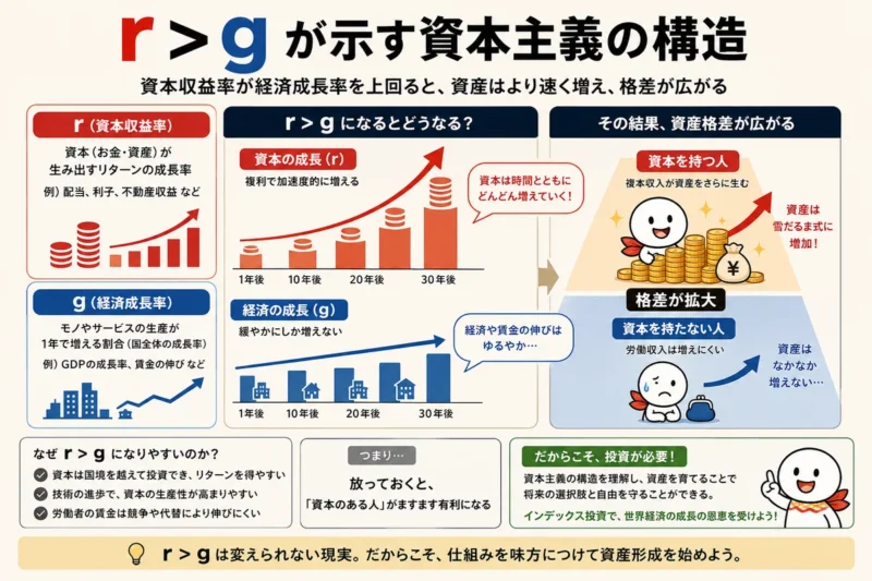 資本収益率が経済成長率を上回ることで資産格差が広がる構造を示した図