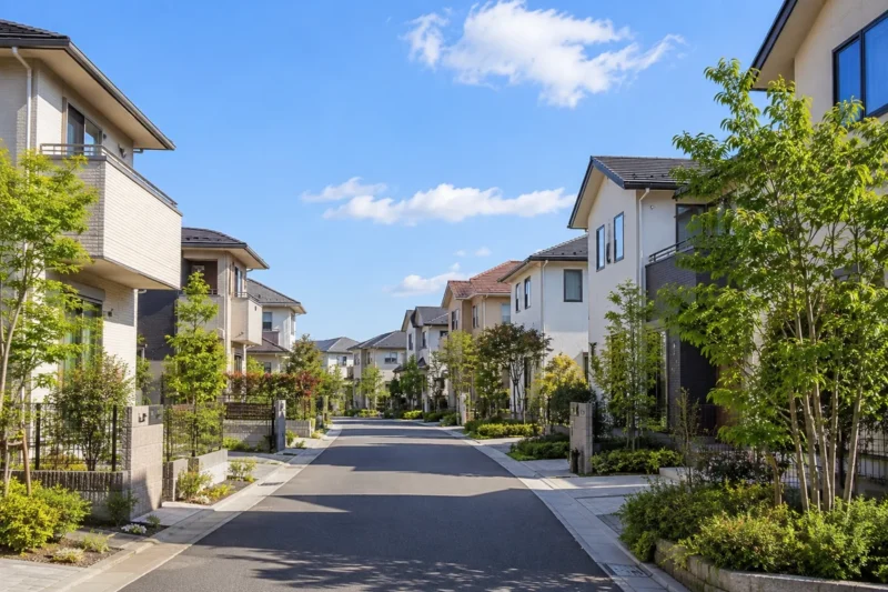 青空のもとに整備された分譲地の道路。両側に戸建て住宅が並び、緑の木々が植えられている