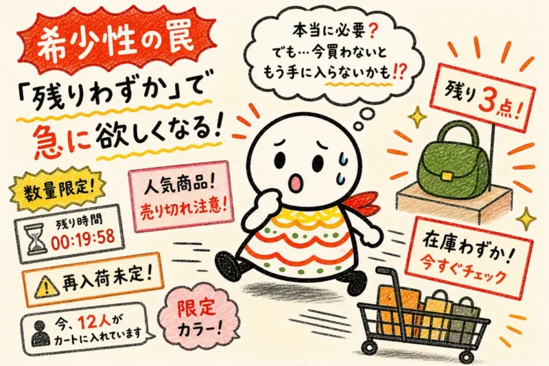 残り3点、在庫わずか、数量限定といった表示を見て、急に商品が欲しくなっている白い手描きキャラクター
