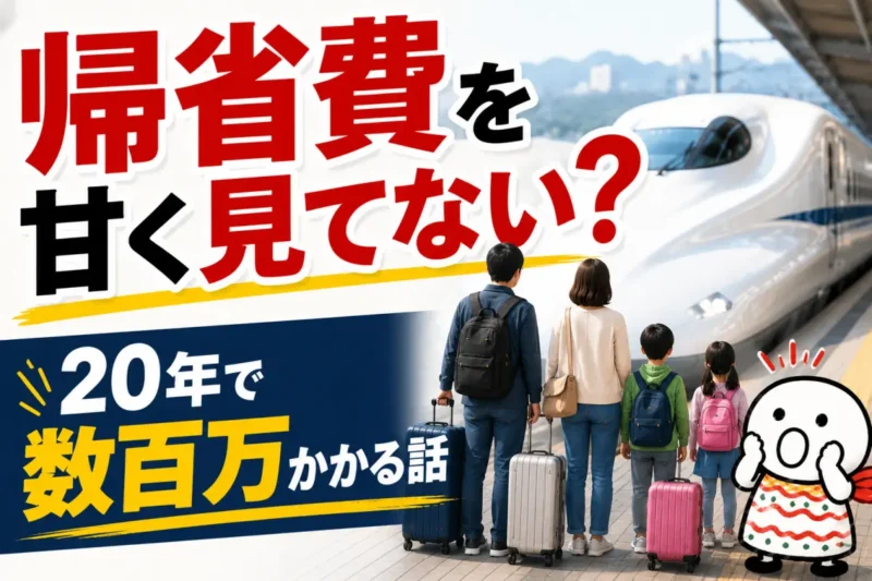 帰省費の衝撃を表現する家族と新幹線