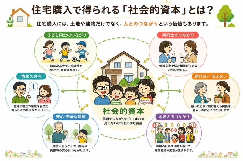 住宅購入で得られる「社会的資本」を図解したインフォグラフィック。子ども同士のつながり、親同士のつながり、情報の共有、助け合い・支え合い、安心・安全な環境、地域とのつながりの6要素が示されている