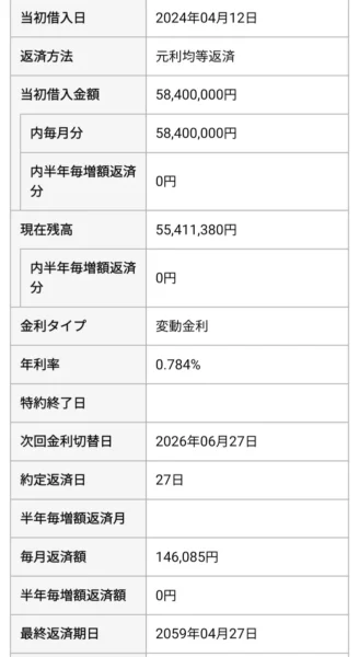 2026年5月末時点の住宅ローン残高、金利、毎月返済額を示す画面