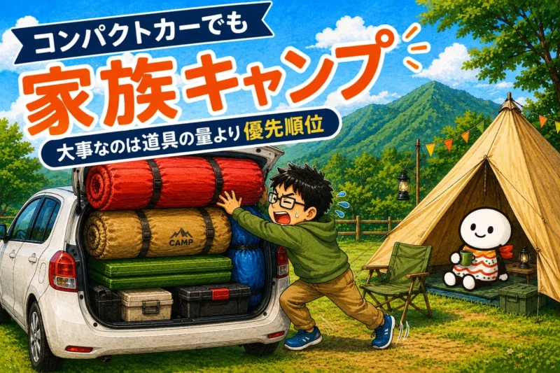 コンパクトカーのトランクに荷物を詰め込む男性と、右側にキャンプ場のテントの前でくつろぐキャラクターのイラスト。コンパクトカーでも家族キャンプができることをテーマにしたアイキャッチ