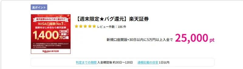 ハピタス経由で楽天証券の口座開設をすると25,000ポイントもらえる案件画面