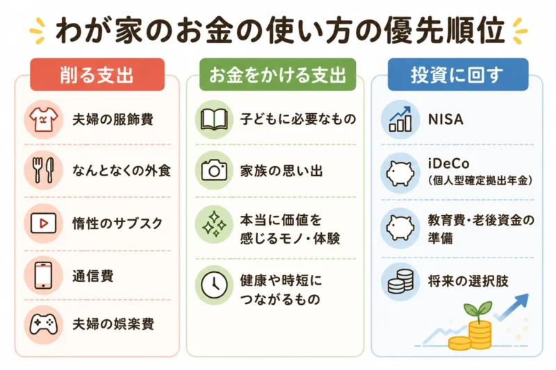 わが家のお金の使い方の優先順位：削る支出（夫婦の服飾費・外食・サブスク・通信費・娯楽費）、お金をかける支出（子どもに必要なもの・家族の思い出・価値ある体験・健康や時短）、投資に回す（NISA・iDeCo・教育費・老後資金）