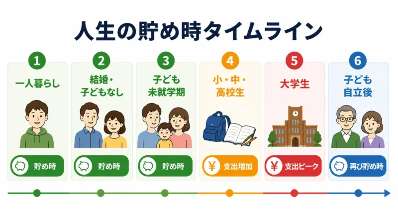 人生の貯め時タイムライン図解：一人暮らし・結婚子どもなし・子ども未就学期は貯め時、小中高校生で支出増加、大学生で支出ピーク、子ども自立後に再び貯め時