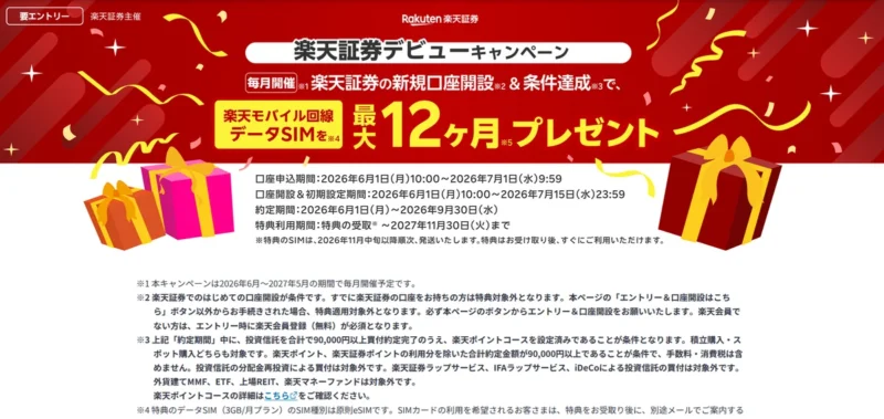 楽天証券の公式キャンペーンで楽天モバイル回線データSIMが最大12か月プレゼントされる画面