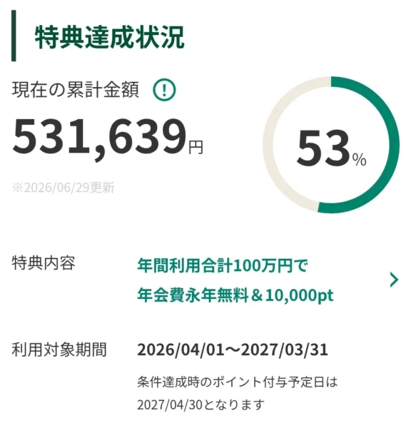 三井住友カード ゴールド NLの100万円修行の達成状況を示す画面