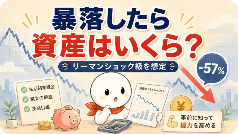 リーマンショック級の暴落が来た場合に家計の資産がいくら減るかを、電卓と資産表で確認しているアイキャッチ画像